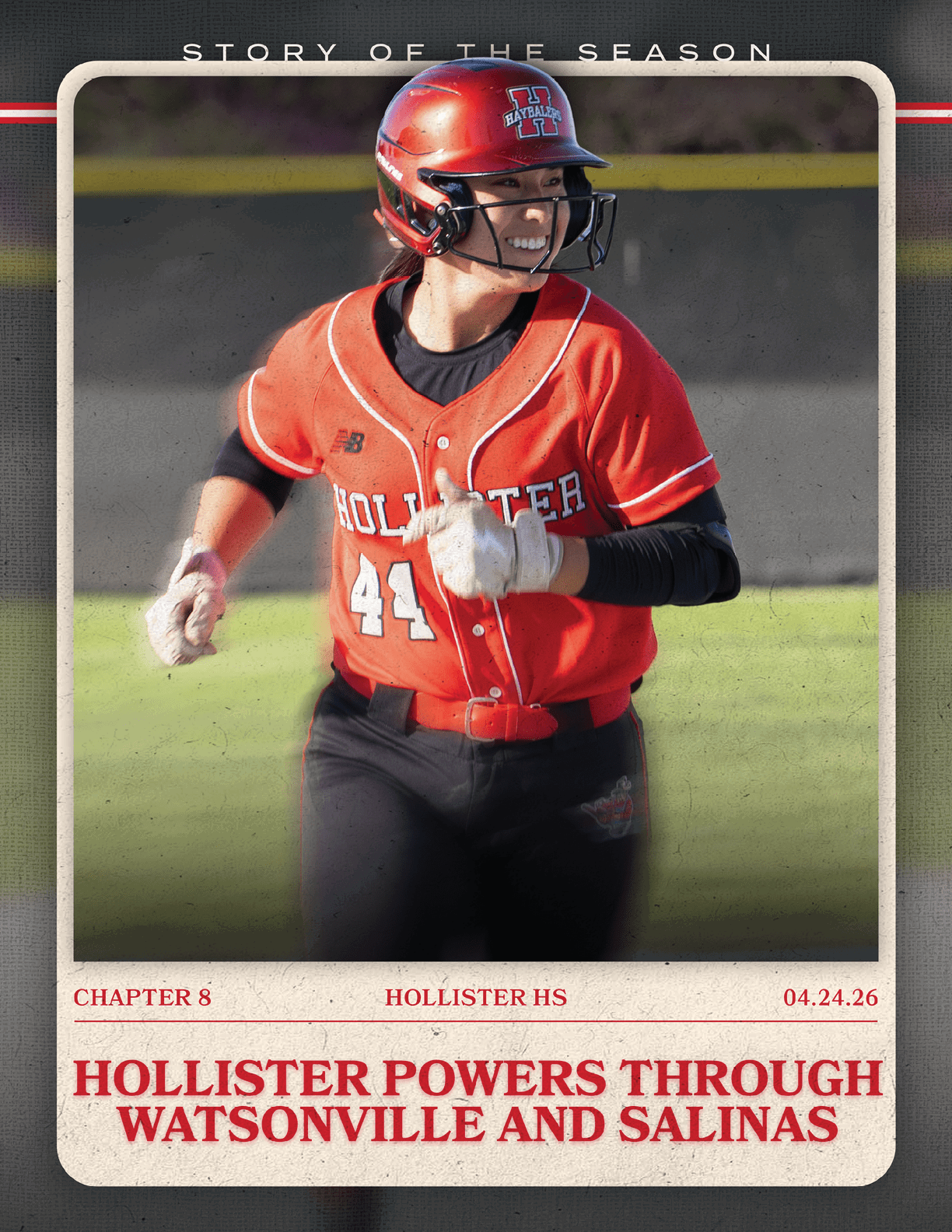 A female baseball player wearing a red and black jersey. Description generated by AI