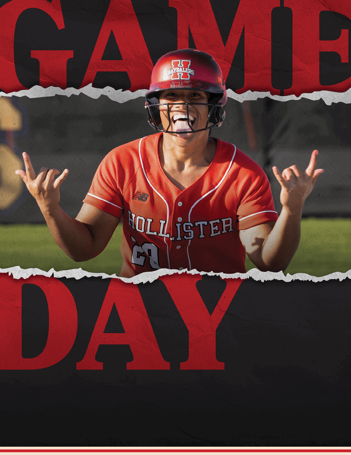 A woman wearing a red and white shirt with the word “Game Day" written on it. Description generated by AI