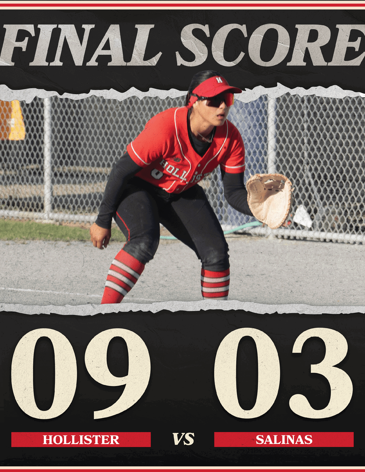 A scoreboard showing the score of a softball game between Hollister and Salinas. Description generated by AI