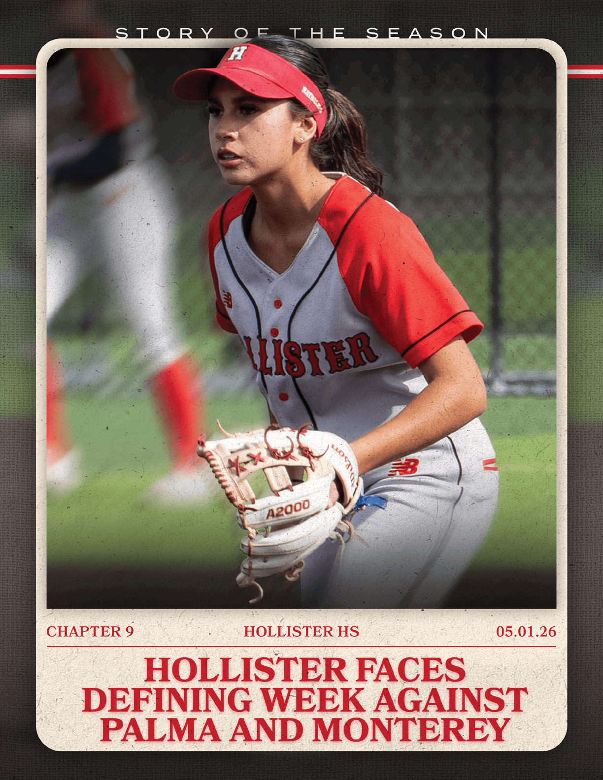 A female baseball player wearing a red and white uniform. Description generated by AI