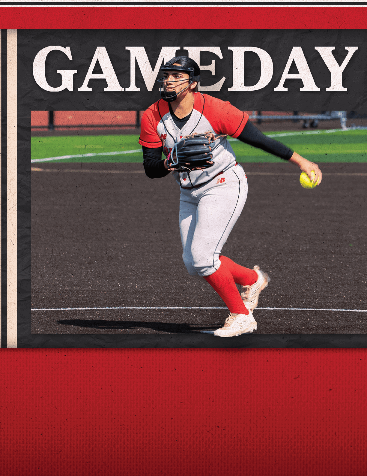 A female baseball player in a red and black uniform. Description generated by AI