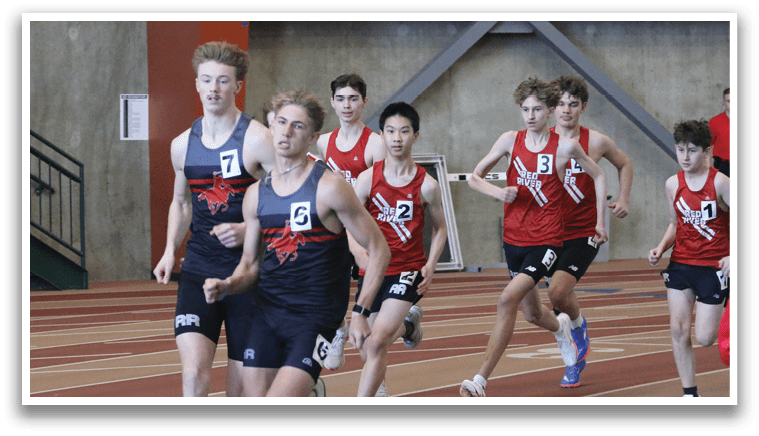 A group of young men are running on a track, wearing uniforms and racing against each other. AI generated content