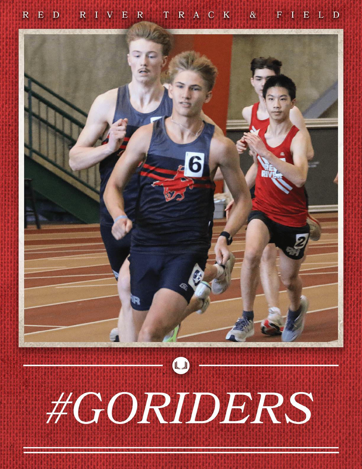 Three men running on a track, one of them wearing a number 6. AI generated content