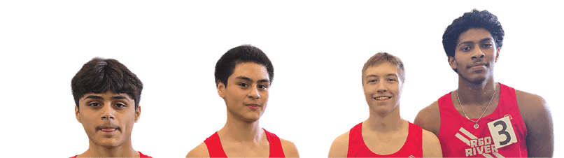 Four young men wearing red shirts and black shorts pose for a picture on a field. AI generated content