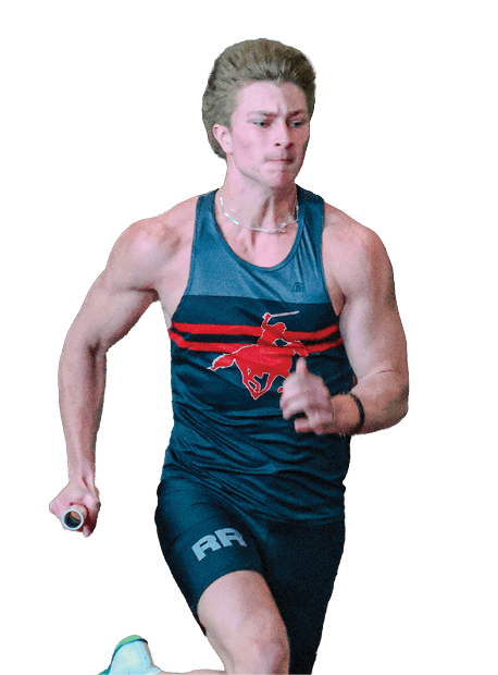 A man is running on a track, wearing a black and red shirt. AI generated content