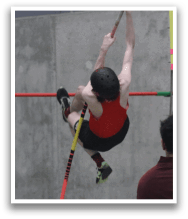A man is jumping in the air, holding a pole, while a woman watches. AI generated content