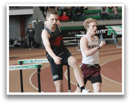 Two men are running on a track, one of them is jumping over a hurdle. AI generated content