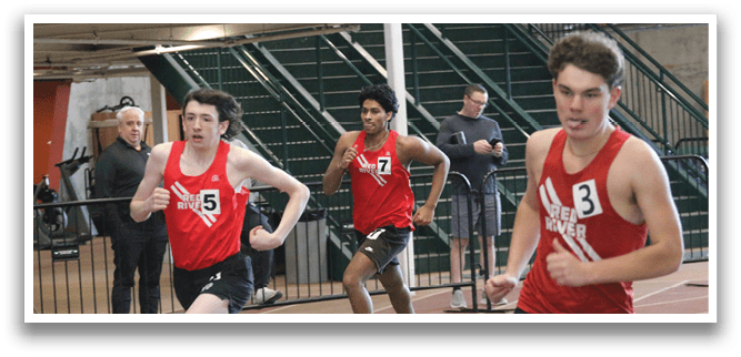 Three men are running on a track, wearing red shirts and black shorts. One of the men is wearing a red shirt with the number 8 on it. AI generated content