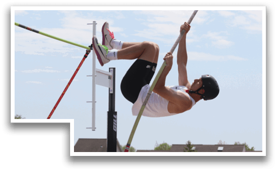 A man is jumping in the air with a pole in his hand. Description generated by AI