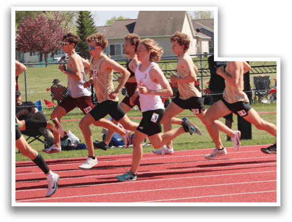 A group of young men running on a track. Description generated by AI