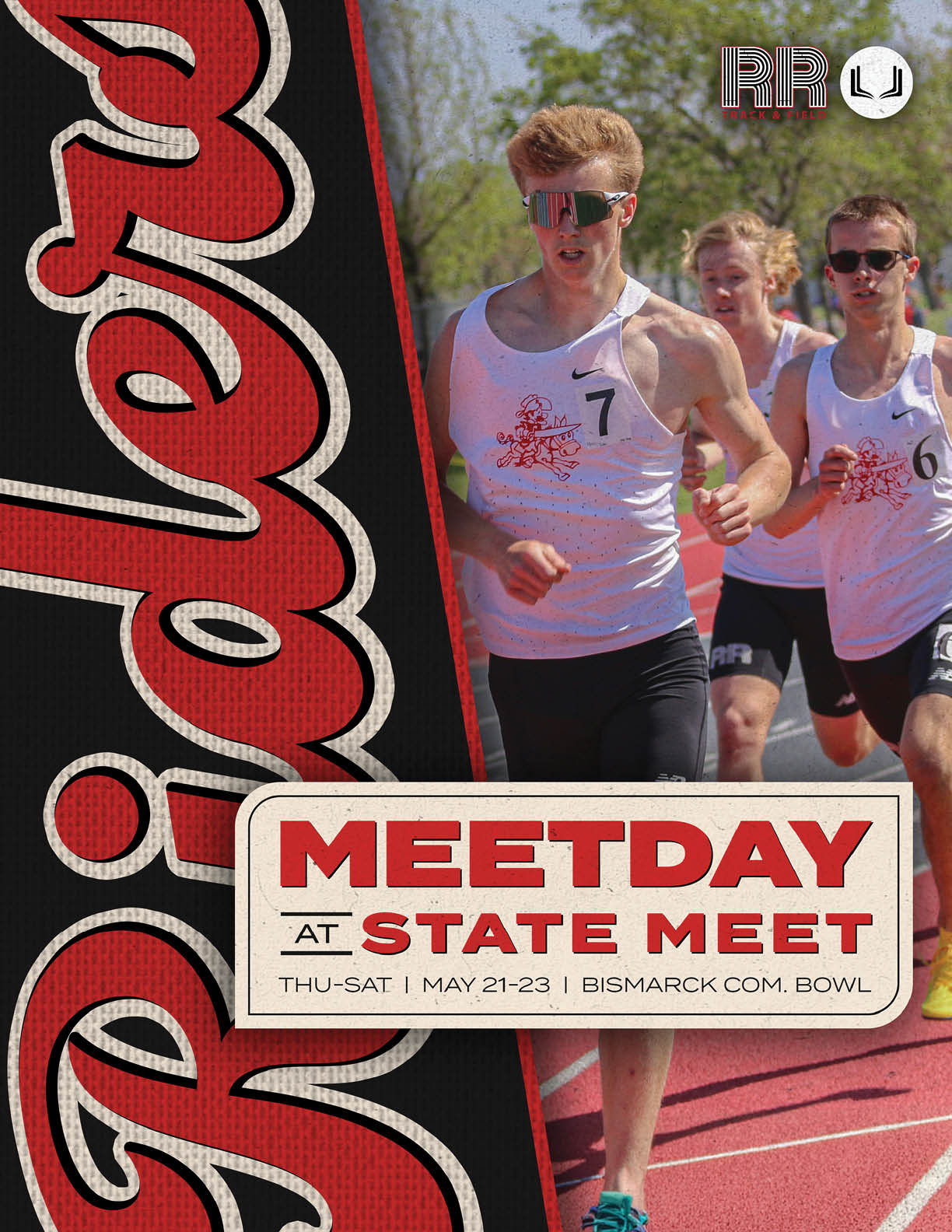 A red and black advertisement for a meet and greet at State Meet. Description generated by AI