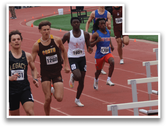 A group of people running on a track. Description generated by AI