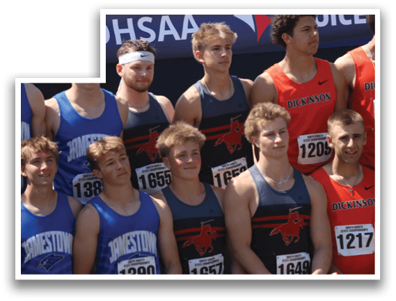 A group of young men wearing blue, orange, and red shirts. Description generated by AI