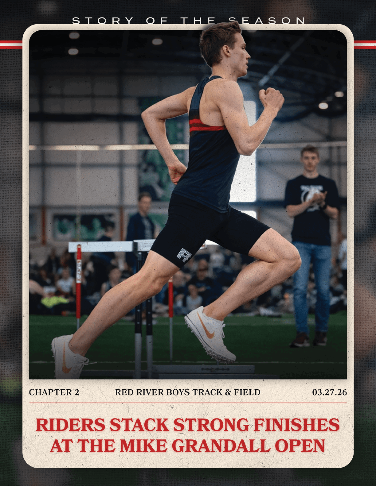 A man running on a track with a sign that says “Riders Stack Strong Finishes at the Mike Grandall Open". AI generated content