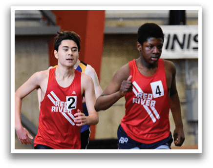 Two men are running in a race, wearing red shirts and number tags. AI generated content