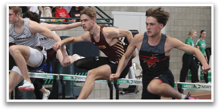 Three men are running on a track, with one man in the lead. AI generated content