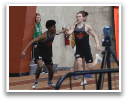 Three people are running on a track, with one person in the lead. AI generated content
