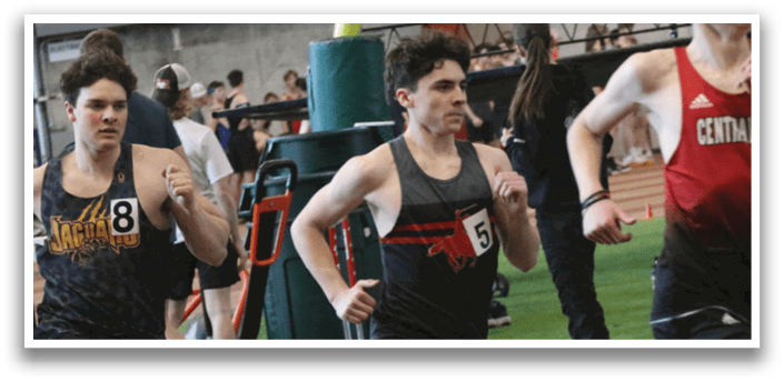 A group of young men are running on a track, wearing black and red uniforms. AI generated content