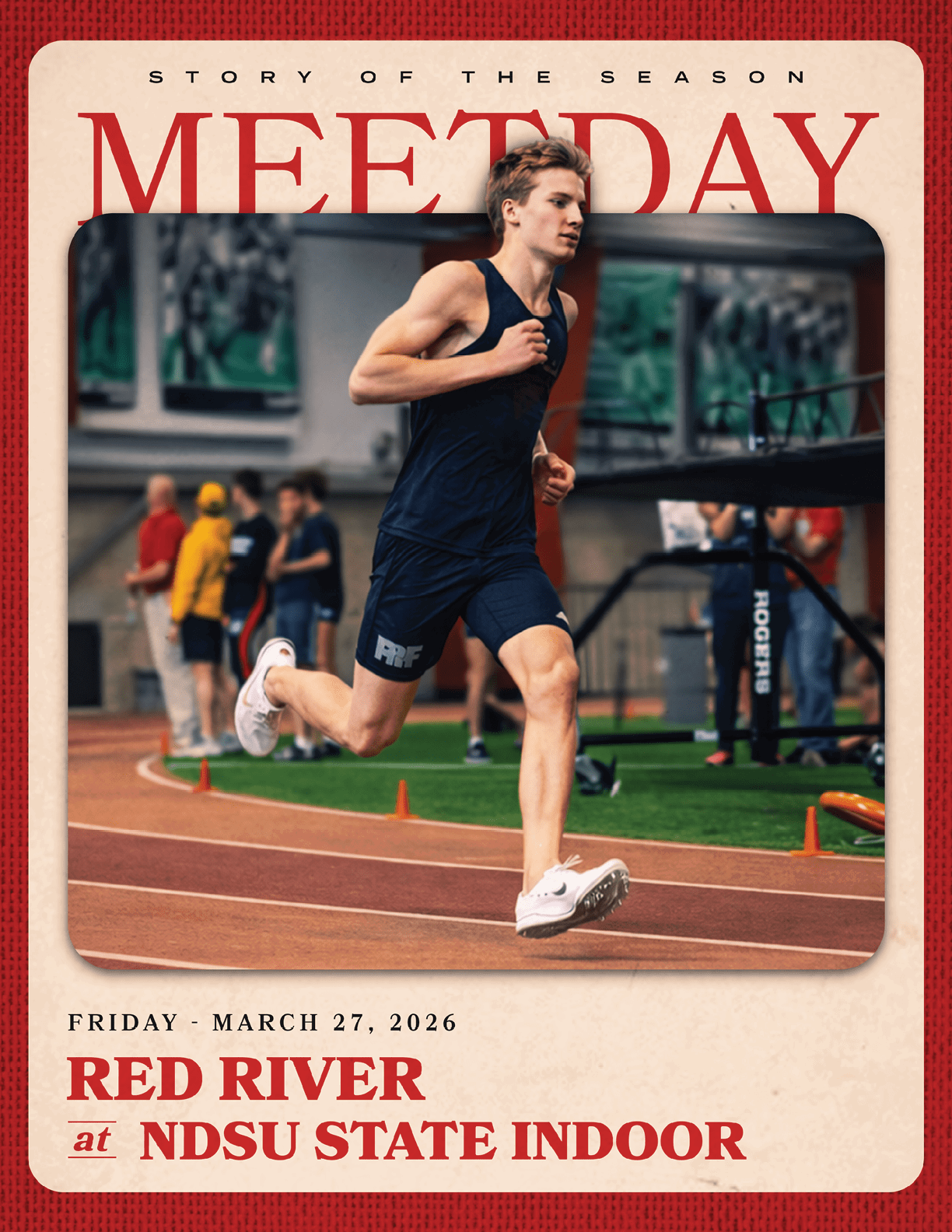 A man running on a track with a sign that says “Meet Day" above him. AI generated content