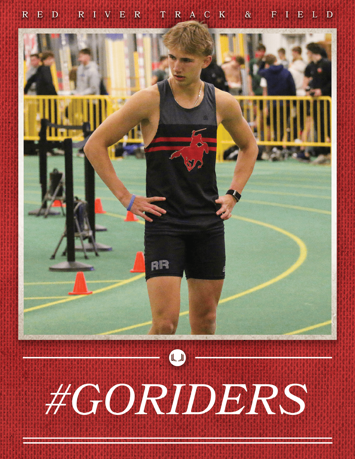 A man wearing a black and red shirt and shorts is standing on a track. AI generated content