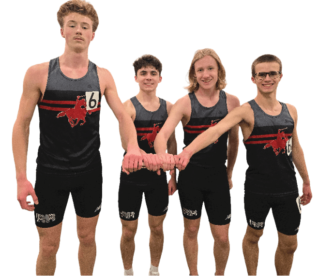 Four men wearing black and red shirts and shorts. Description generated by AI