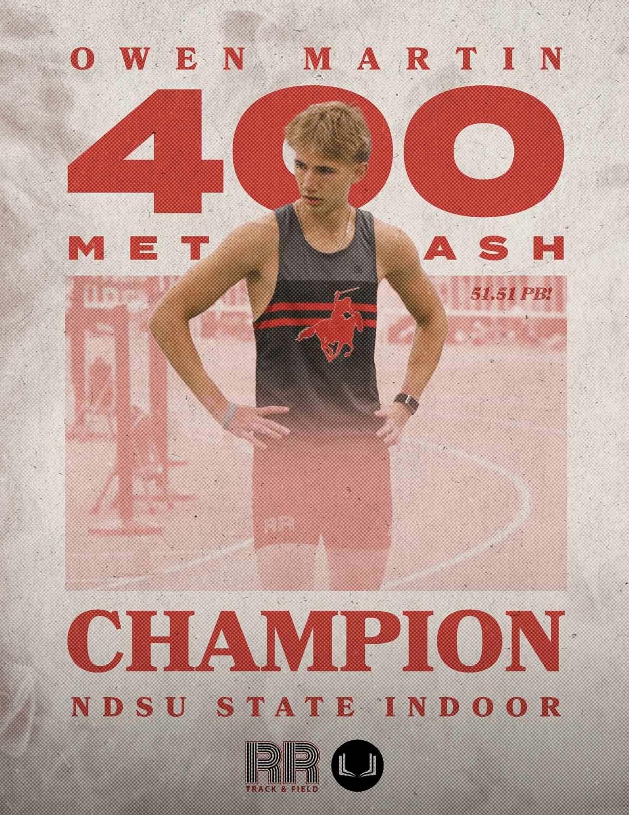 A poster of a man with the words 400 METAL DASH CHAMP. Description generated by AI
