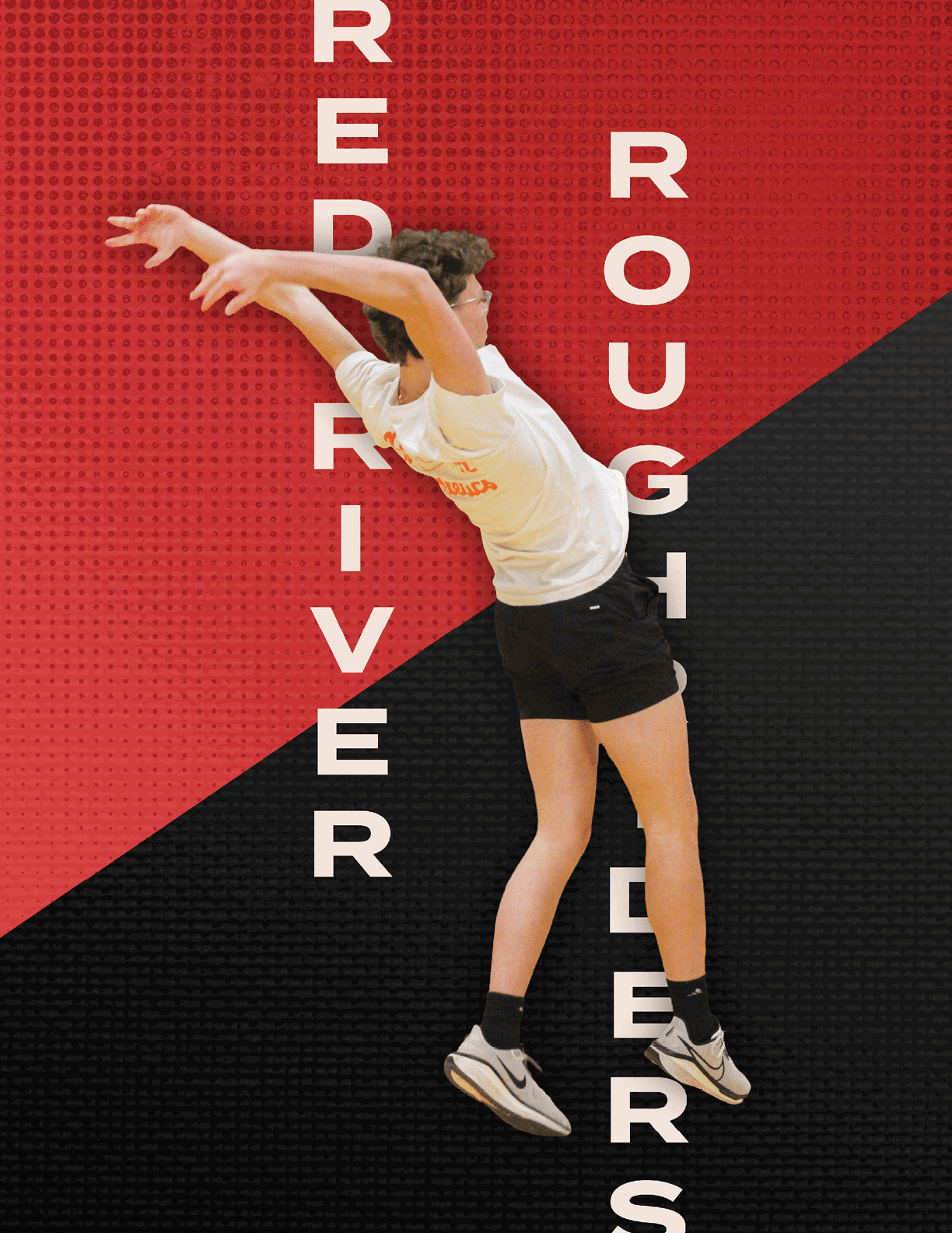 A person wearing a white shirt and black shorts jumping in the air. Description generated by AI