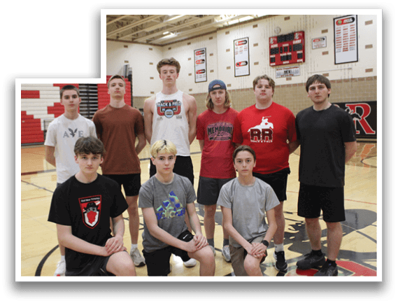 A group of young men and women standing in a gym. Description generated by AI