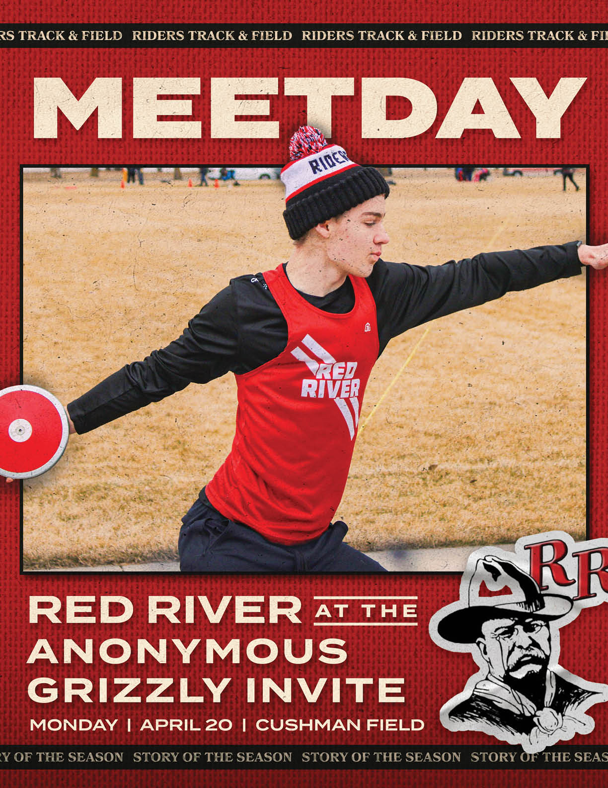A man wearing a red shirt and a white hat. Description generated by AI