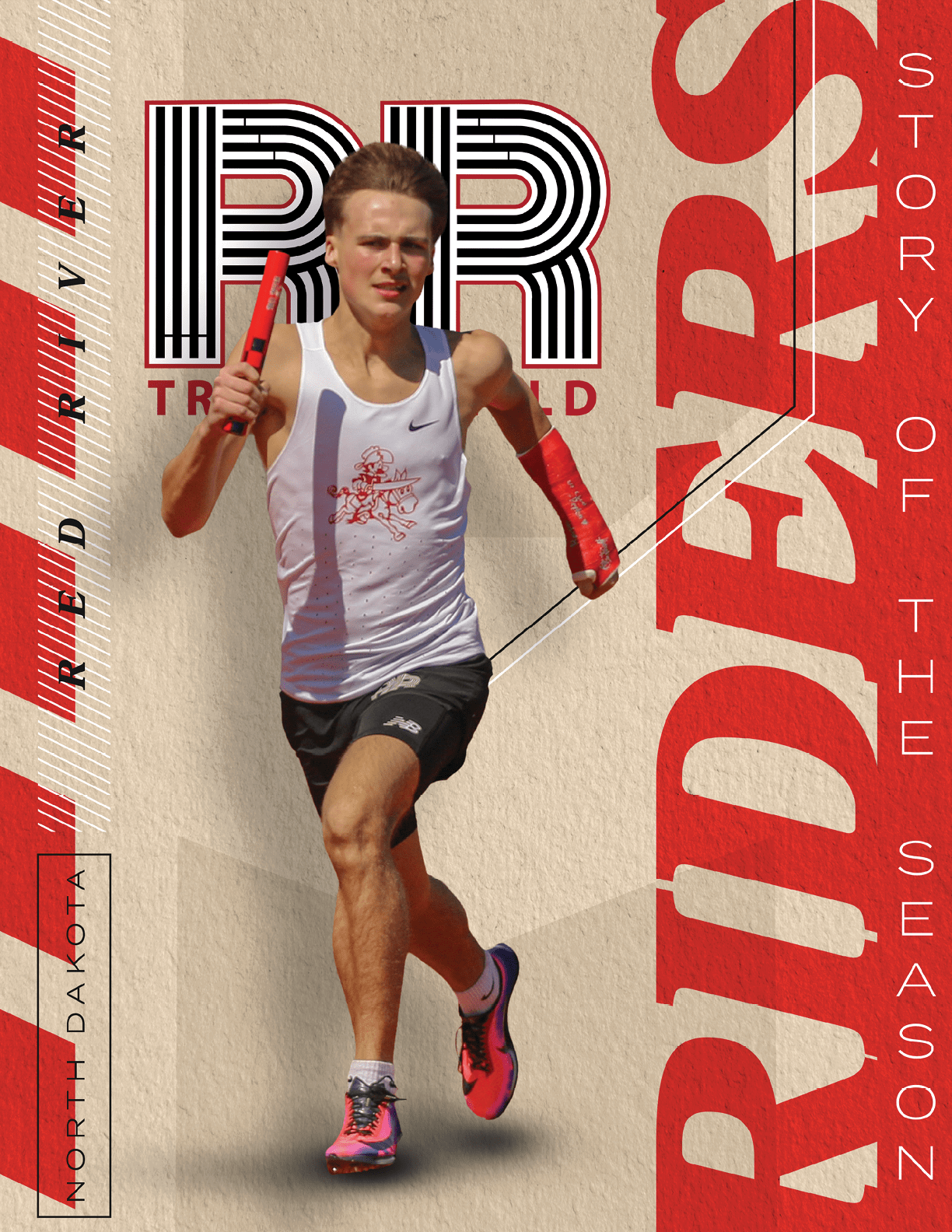 A man running with a red and black pole. Description generated by AI