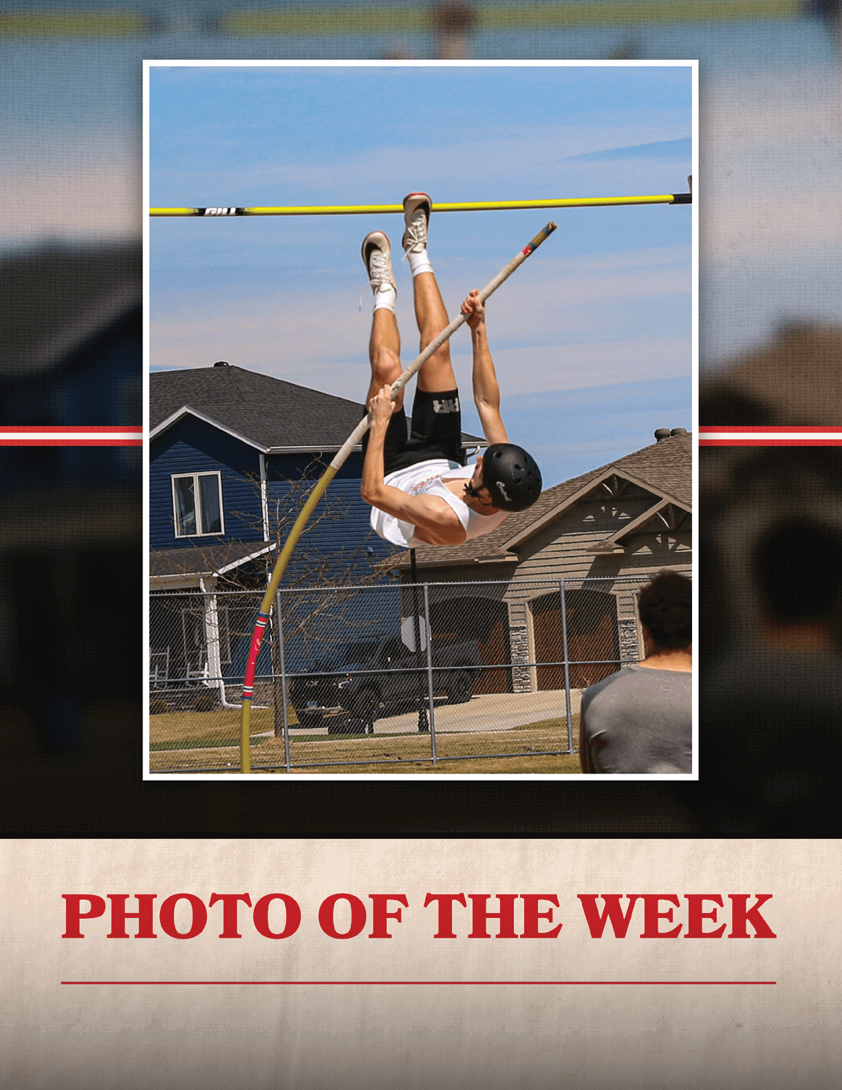 A man is jumping in the air with a pole in his hand. Description generated by AI