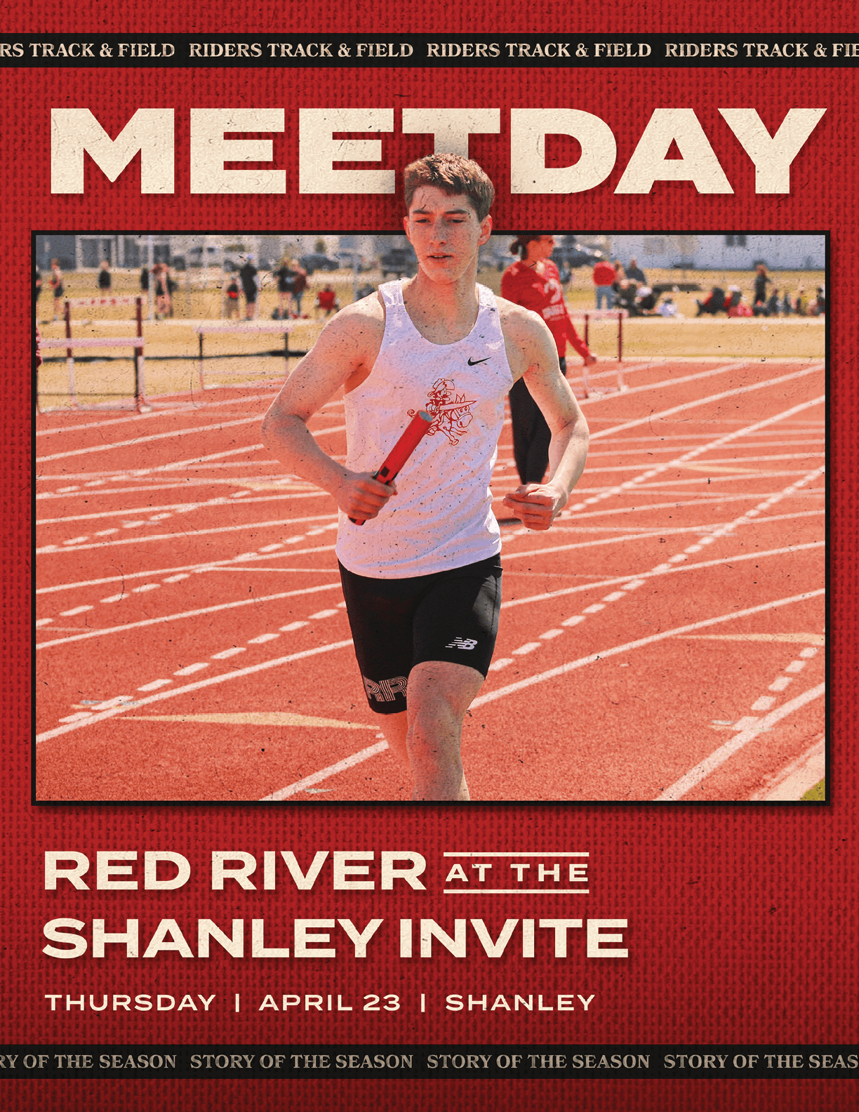 A red and white flyer advertising a track meet at the Shanley Invite. Description generated by AI