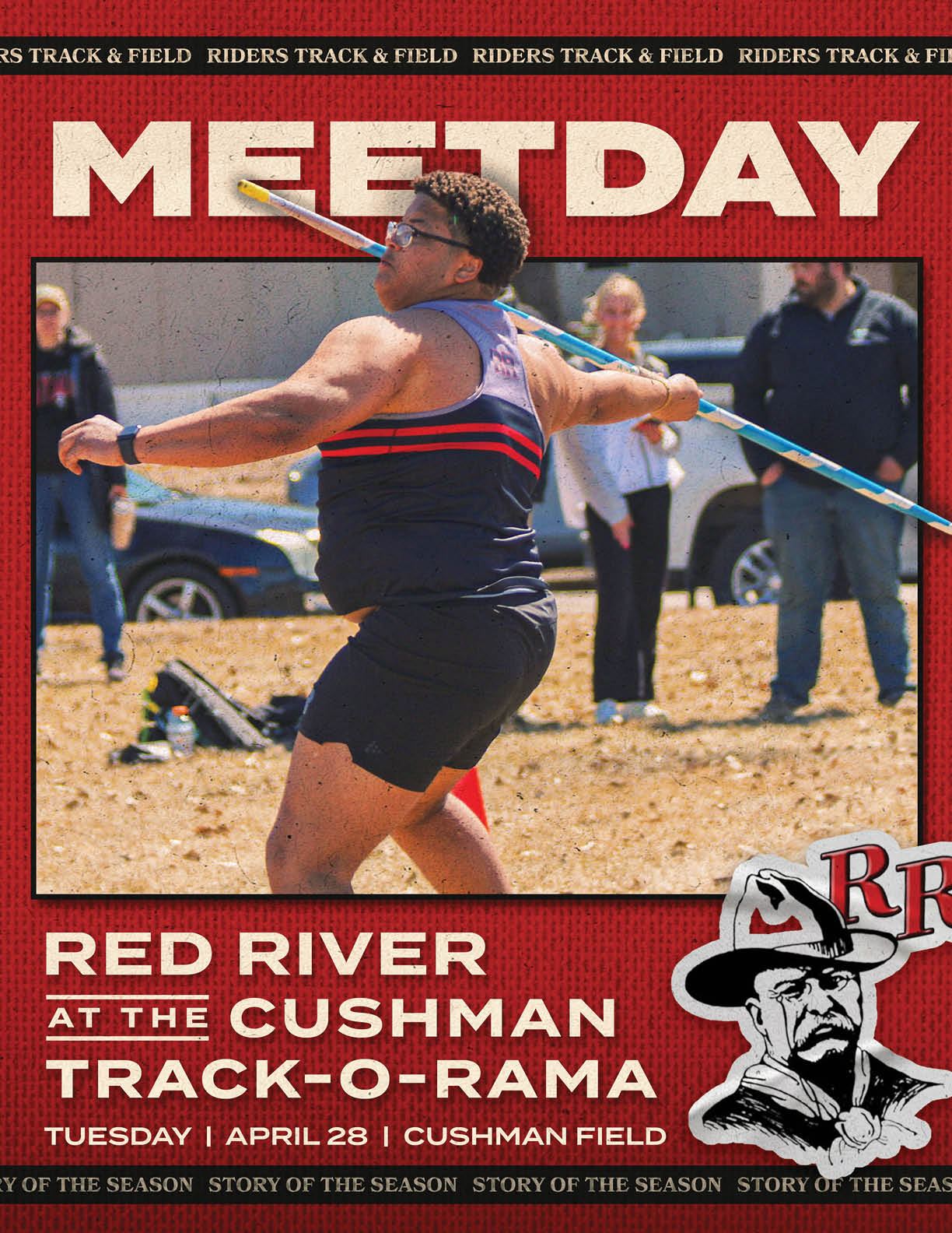 A man in a black shirt and red shorts is throwing a javelin. Description generated by AI