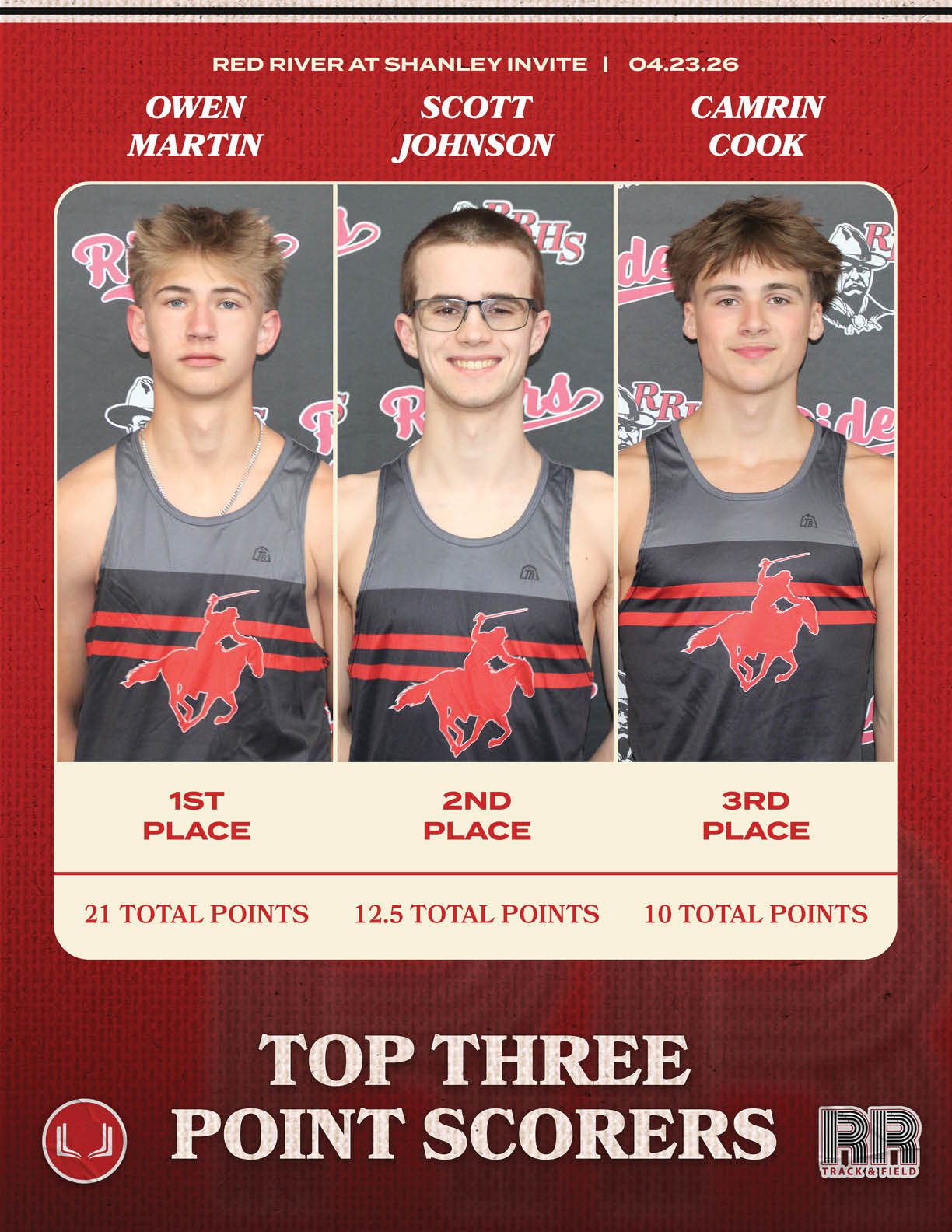 A red, white, and black poster with three photos of men wearing shirts. Description generated by AI
