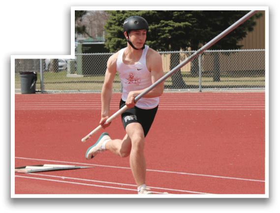 A man is running on a track with a pole in his hand. Description generated by AI