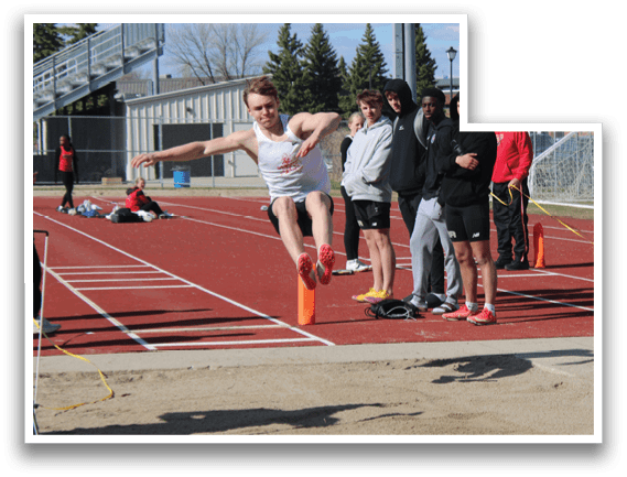 A man is jumping in the air on a track. Description generated by AI