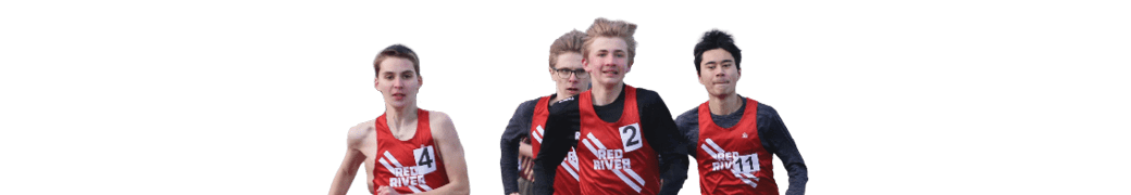 Three men running on a track. Description generated by AI