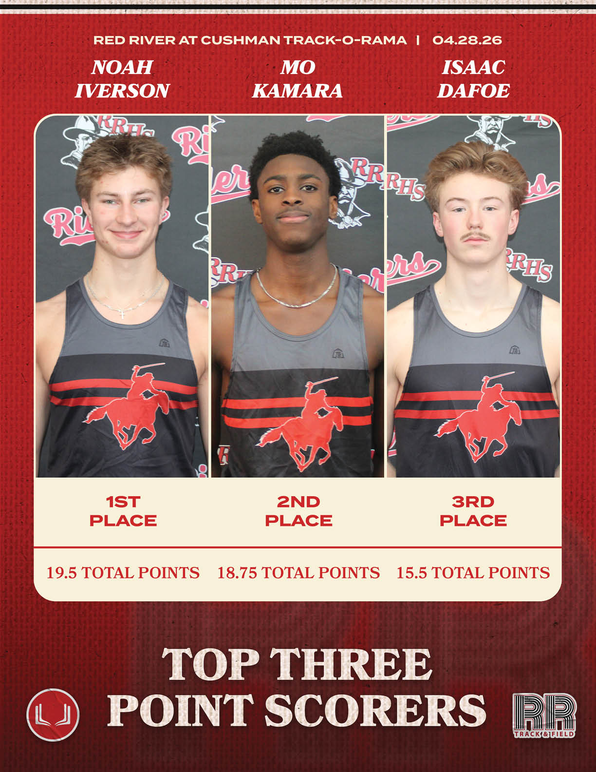 A red and white poster with three men on it. Description generated by AI