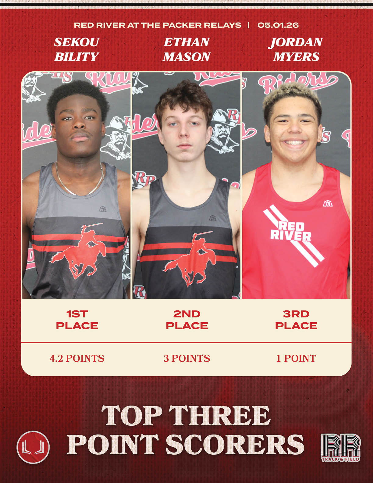 A red and white advertisement for a track team. Description generated by AI