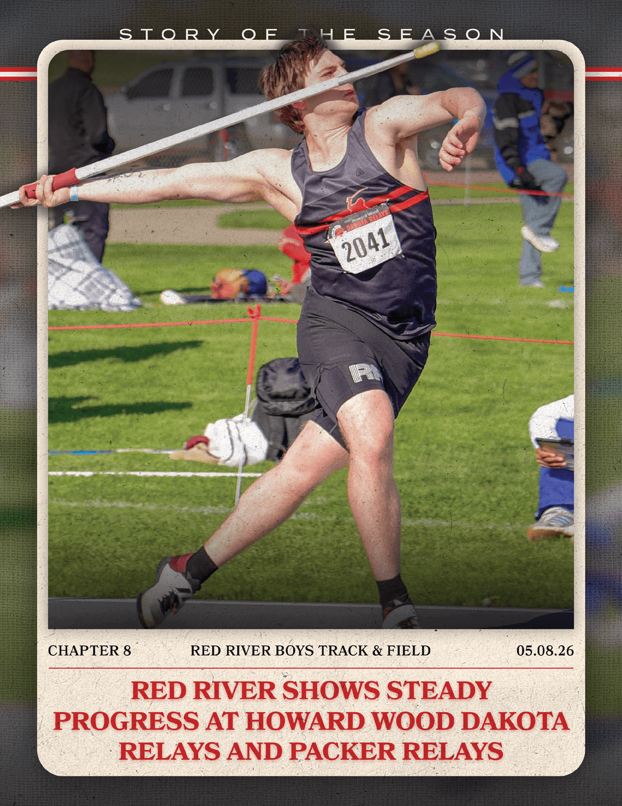 A man is shown throwing a javelin in a field. Description generated by AI
