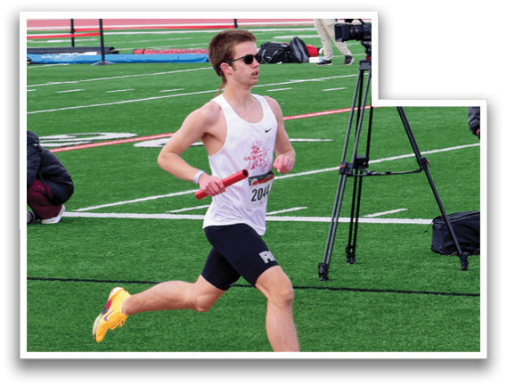 A man running on a track with a camera following him. Description generated by AI