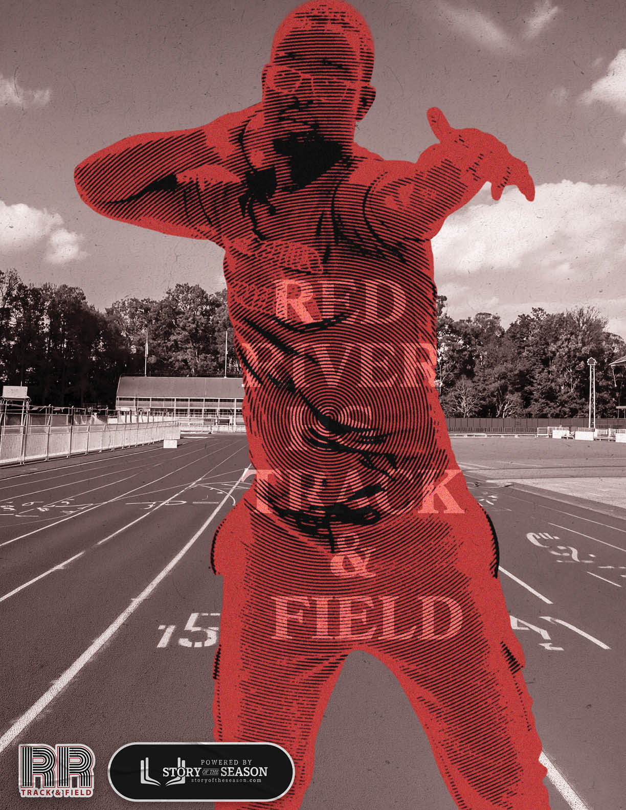 A man wearing a red shirt and black shorts is standing on a track. Description generated by AI