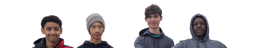 Four young men standing together, shaking hands. Description generated by AI