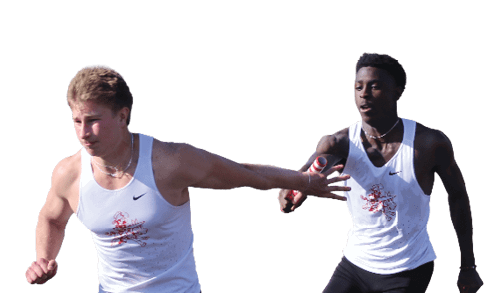 Two men running on a track. Description generated by AI