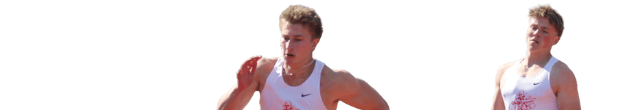 Two men running on a track. Description generated by AI