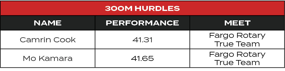 300M Hurdles,Name,Performance,MEET,Camrin Cook,41.31,Fargo Rotary True Team,Mo Kamara,41.65,Fargo Rotary True Team
