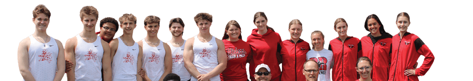A group of people in red and white posing for a picture. Description generated by AI