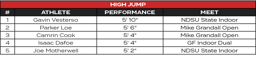 High Jump,#,ATHLETE,PERFORMANCE,MEET,1,Gavin Vesterso,5' 10\“,NDSU State Indoor,2,Parker Loe,5' 6\",Mike Grandall Ope...