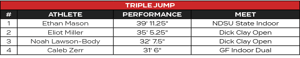 Triple Jump,#,ATHLETE,PERFORMANCE,MEET,1,Ethan Mason,39' 11.25\“,NDSU State Indoor,2,Eliot Miller,35' 5.25\",Dick Cla...