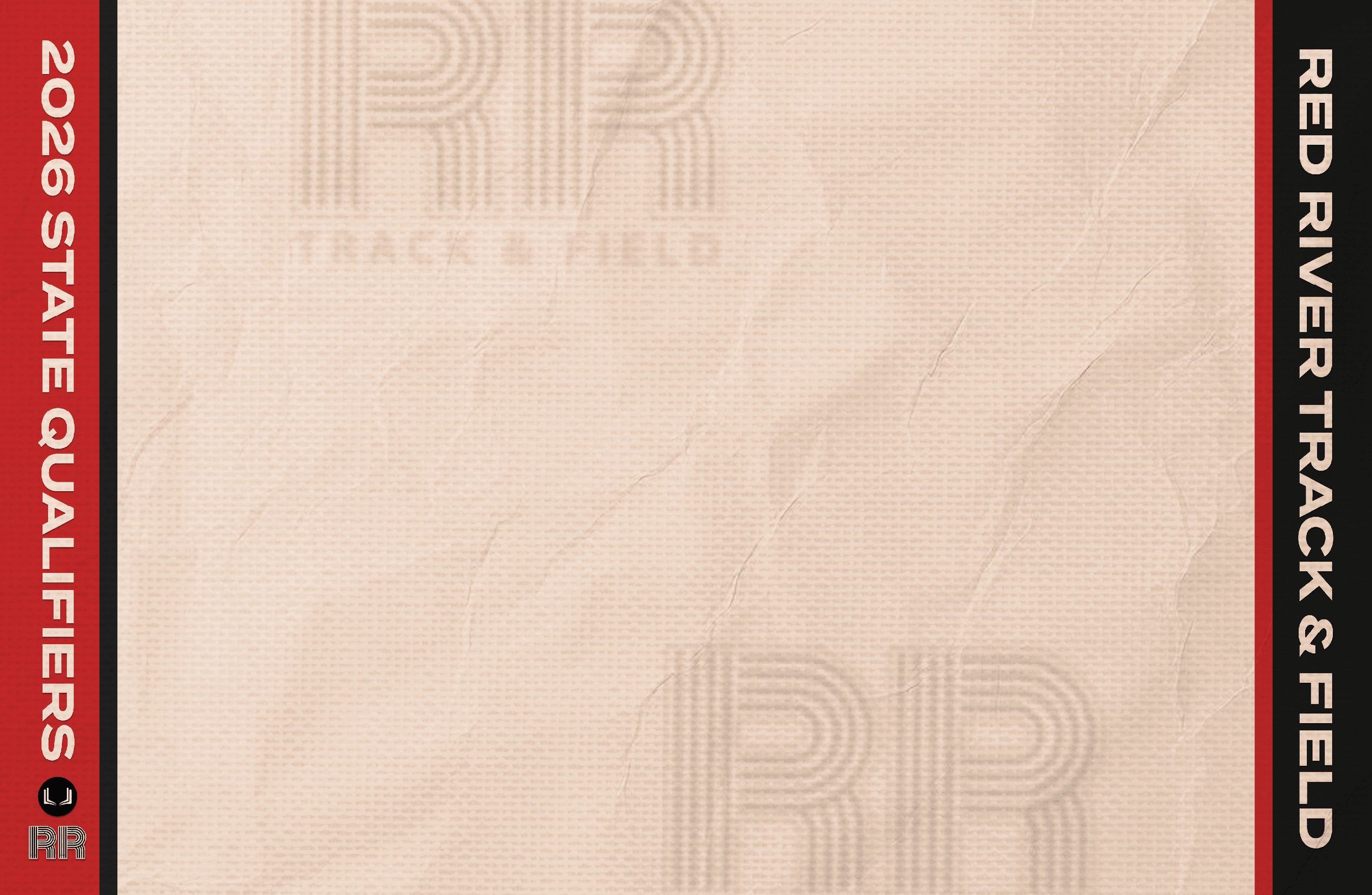 A beige textured background with vertical red and black borders featuring the text 2026 State Qualifiers on the left and Red River Track & Field on the right. Description generated by AI